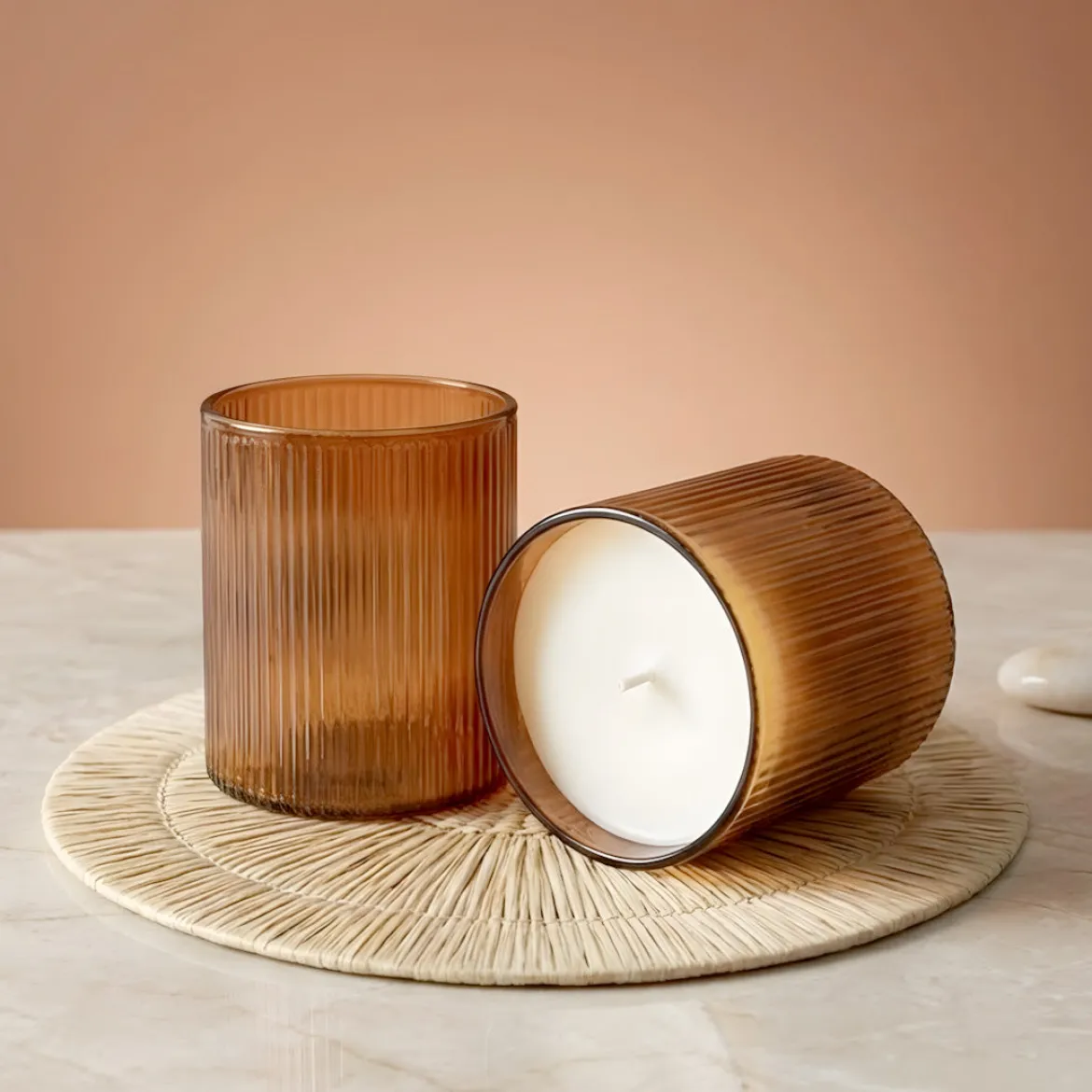 Amber ribbed candle glass - 330 ml