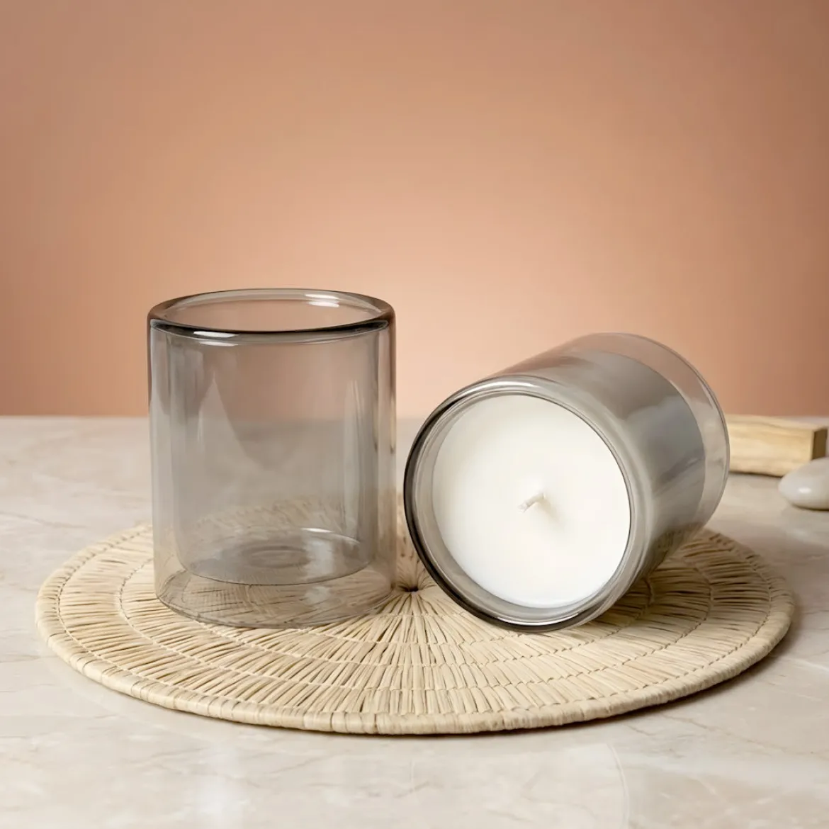 Double wall Grey transparent glass candle - 400 ml